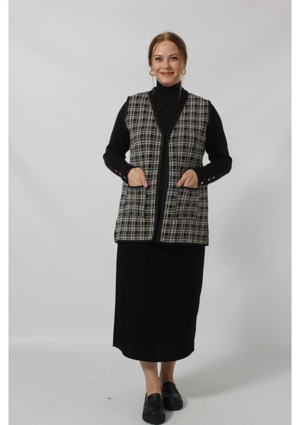 Y466 Siyah-Krem Kareli Cepli Mevsimlik Anne Yelek modelleri