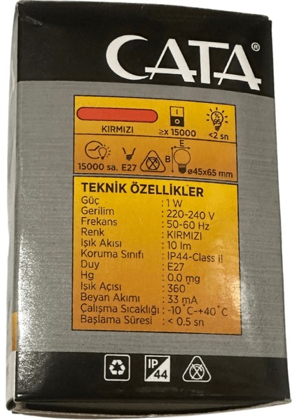 CT-4071 1W Kırmızı Işık E27 Duylu Top Gece LED Ampul (2 Adet)