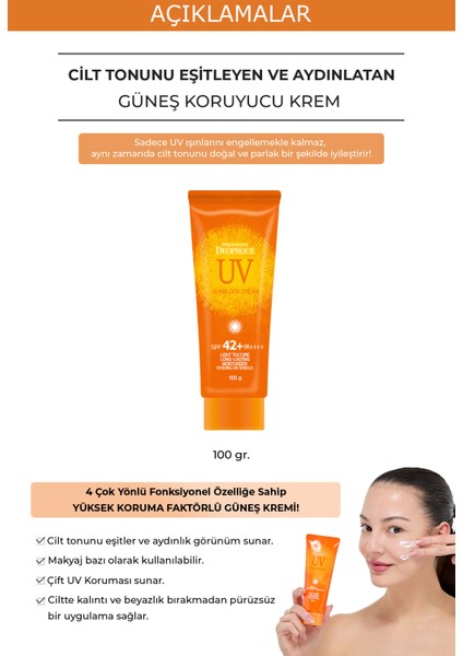 DEOPROCE Cilt Tonunu Eşitleyen&Aydınlatan Yüksek Koruma Faktörlü Güneş Kremi 100g UV Sunblock Cream