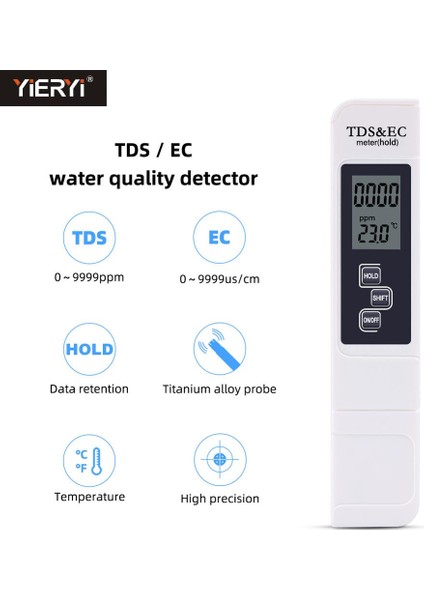 Yieryi Tds Ec Metre Sıcaklık Test Cihazı Kalem 3 In1 Fonksiyonlu Iletkenlik Su Kalitesi Ölçümü Tds ve Ec Test Cihazı 0-9999PPM (Yurt Dışından) indirimleri