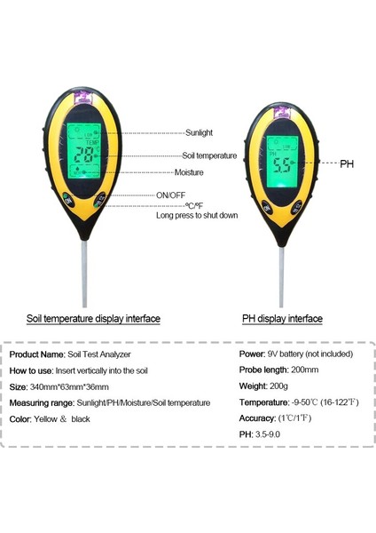 Toprak Besin Test Cihazı LCD Toprak Ph Ölçer Nem Ölçer Sıcaklık Güneş Işığı Yoğunluk Ölçümü Tarım Toprak Asitliği (Yurt Dışından)
