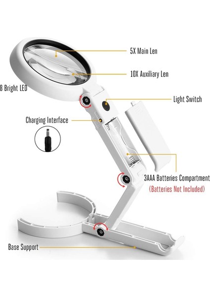 Büyüteç, 8 LED Işıklı Katlanır Büyüteç, Okuma, Lehimleme, Muayene, Madeni Para, Takı Için Büyüteç (Yurt Dışından)