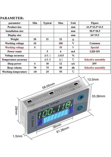 Alçak Gerilim Buzzer Alarmlı Metre Monitörü 10-100V Dijital Kapasite Test Cihazı Metre (Yurt Dışından) fiyatları