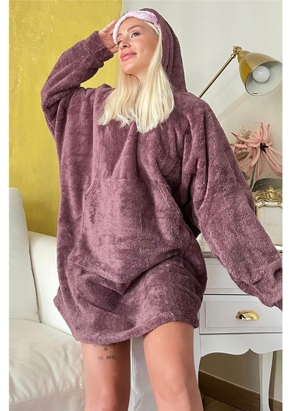 Acı Kahve Kapşonlu Tam Peluş Oversize Sweat Panço Pijama