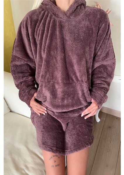Acı Kahve Kapşonlu Tam Peluş Oversize Sweat Panço Pijama indirimleri