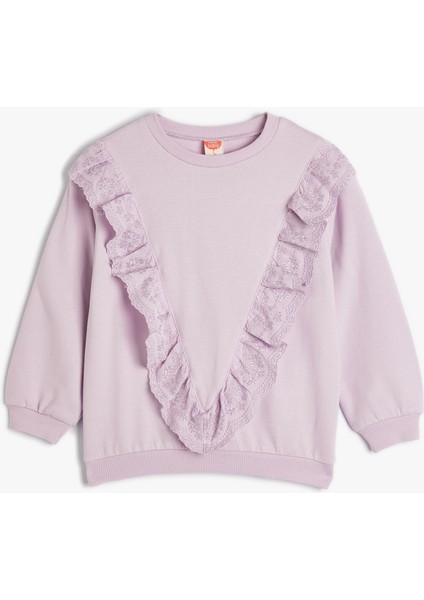 Sweatshirt Uzun Kollu Bisiklet Yaka Fırfır Detaylı Pamuklu Şardonlu