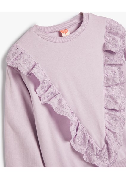 Sweatshirt Uzun Kollu Bisiklet Yaka Fırfır Detaylı Pamuklu Şardonlu