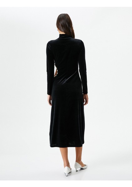 Midi Kadife Elbise Pencere Detaylı Incili Uzun Kollu Dik Yaka fırsatları