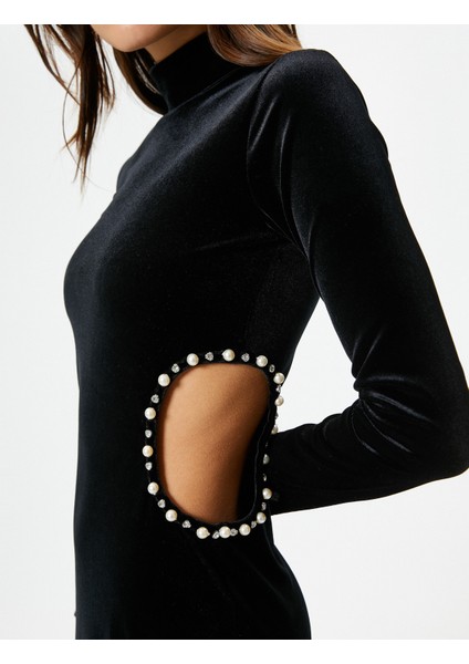 Midi Kadife Elbise Pencere Detaylı Incili Uzun Kollu Dik Yaka indirimleri