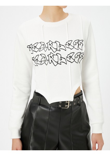 Crop Asimetrik Kesim Sweatshirt Şardonlu Korse Detaylı Baskılı