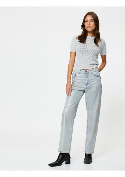 Kısa Kolllu Kazak Simli Bisiklet Yaka Dokulu