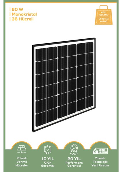 GES60-36M 60 Watt Monokristal 36 Hücreli Güneş Paneli fiyatları