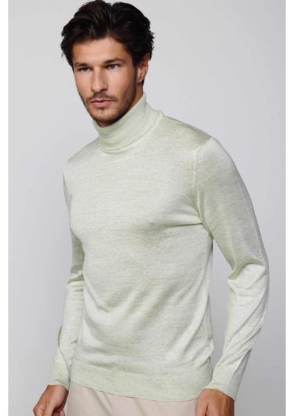 Slim Fit Tam Boğazlı Yaka Düz Yün Gri Erkek Kazak