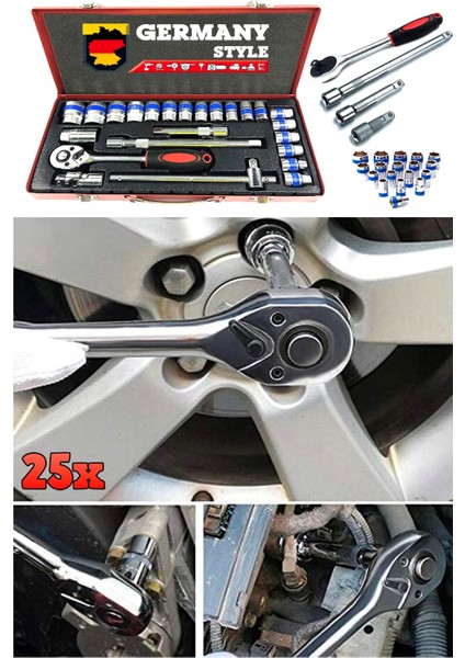 1/2 25 Parça Cırcırlı Kombile Lokma Takımı Cr-V Çelik Lokma Seti