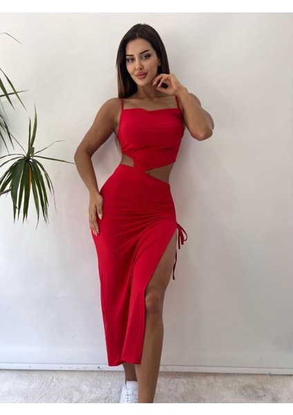 Kırmızı Kriptografik Zarif Seksi İp Detaylı Maksi Elbise