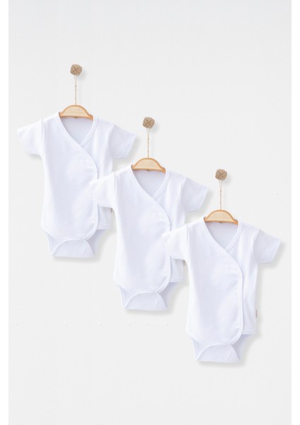 Pamuklu Unisex Kısa Kollu Çıtçıtlı 3’lü Kruvaze Bebek Badi