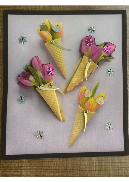 22X19 cm 3 Boyutlu Lale Dondurma Külah Arma Yama Taşlı Payetli Aplike