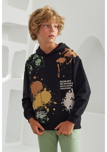 Erkek Baskılı Kapşonlu Sweatshirt
