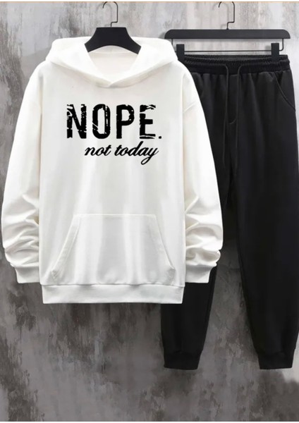 Büyük Beden Özel Tasarım Kapüşonlu Nope Baskılı %100 Pamuk Modern Erkek Eşofman Takımı