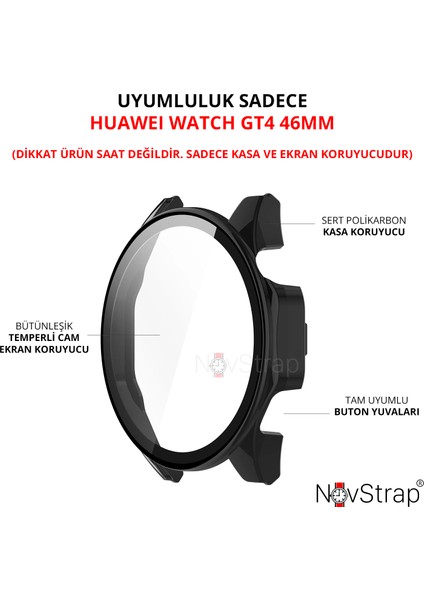 Novstrap Huawei Watch Gt4 46MM ile Uyumlu Ekran Koruyucu Cam ve Kasa Koruyucu Kılıf Sert Pc