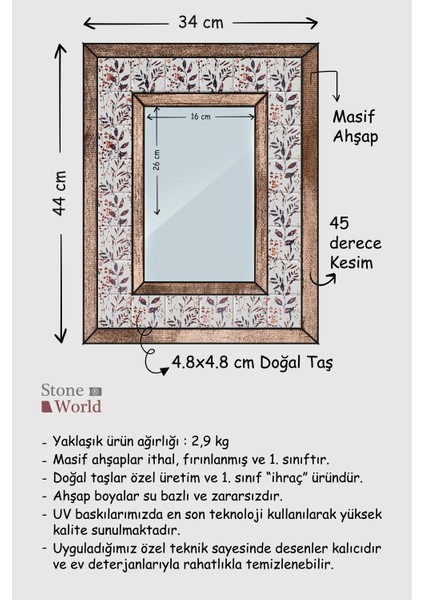 El Yapımı Masif Ahşap & Desenli Mermer Çerçeveli Duvar Aynası - 066.2 - 34x44cm