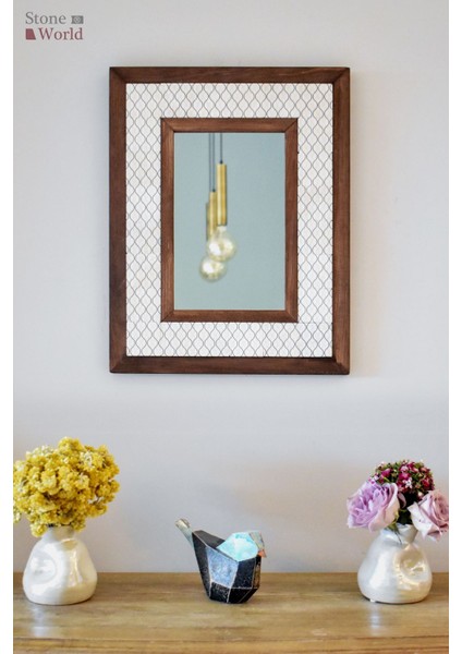 El Yapımı Masif Ahşap & Desenli Mermer Çerçeveli Duvar Aynası - 007.1 - 34x44cm