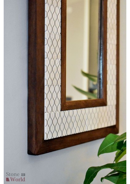 El Yapımı Masif Ahşap & Desenli Mermer Çerçeveli Duvar Aynası - 007.1 - 34x44cm fiyatları