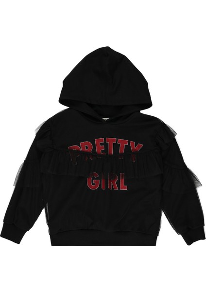 Baskı Ve Tül Detaylı Kapüşonlu Sweatshirt