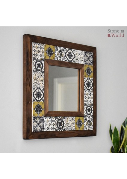 El Yapımı Masif Ahşap & Desenli Mermer Çerçeveli Duvar Aynası - 002.1 - 34x34 cm