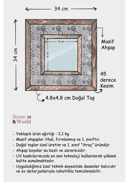 El Yapımı Masif Ahşap & Desenli Mermer Çerçeveli Duvar Aynası - 002.1 - 34x34 cm