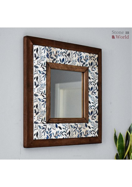 El Yapımı Masif Ahşap & Çiçek Desenli Mermer Duvar Aynası – 34x34 cm | Model: 012.1