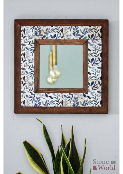 El Yapımı Masif Ahşap & Çiçek Desenli Mermer Duvar Aynası – 34x34 cm | Model: 012.1 fiyatları