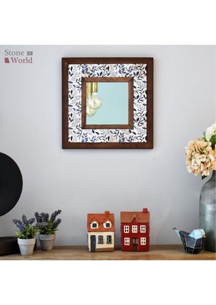 El Yapımı Masif Ahşap & Çiçek Desenli Mermer Duvar Aynası – 34x34 cm | Model: 012.1 modelleri