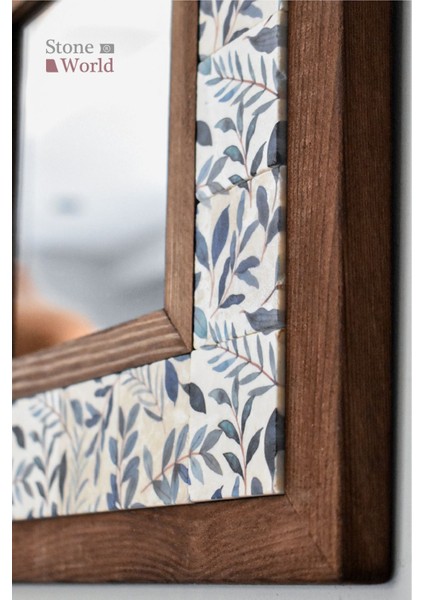 El Yapımı Masif Ahşap & Çiçek Desenli Mermer Duvar Aynası – 34x34 cm | Model: 012.1 fırsatları