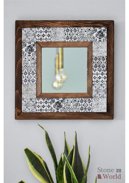 El Yapımı Masif Ahşap & Vintage Desenli Mermer Duvar Aynası – 34x34 cm | Model: 003.1