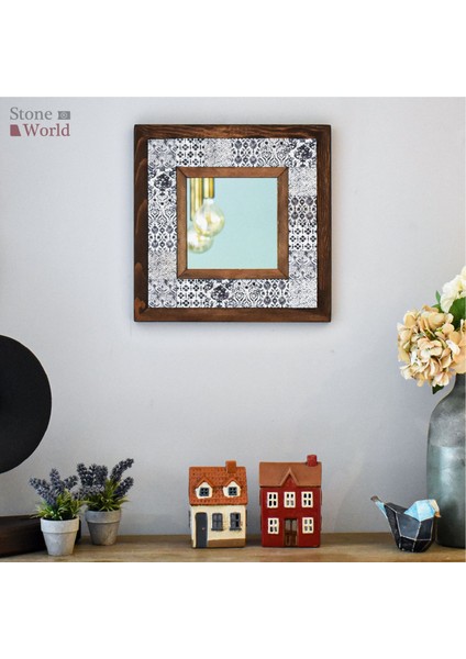 El Yapımı Masif Ahşap & Vintage Desenli Mermer Duvar Aynası – 34x34 cm | Model: 003.1 fiyatları