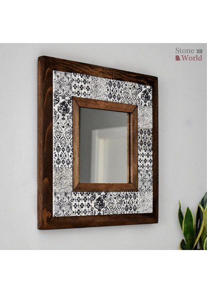 El Yapımı Masif Ahşap & Vintage Desenli Mermer Duvar Aynası – 34x34 cm | Model: 003.1 modelleri