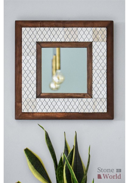 El Yapımı Masif Ahşap & Geometrik Desenli Mermer Duvar Aynası – 34x34 cm | Model: 007.1