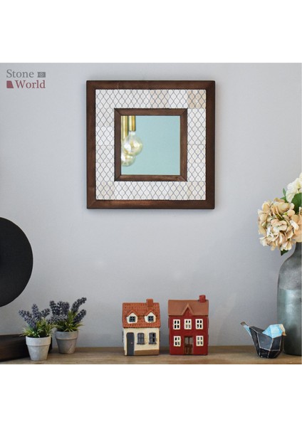 El Yapımı Masif Ahşap & Geometrik Desenli Mermer Duvar Aynası – 34x34 cm | Model: 007.1 fiyatları