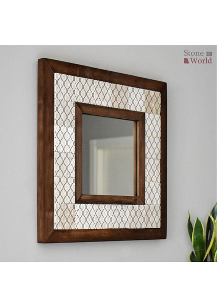 El Yapımı Masif Ahşap & Geometrik Desenli Mermer Duvar Aynası – 34x34 cm | Model: 007.1 modelleri