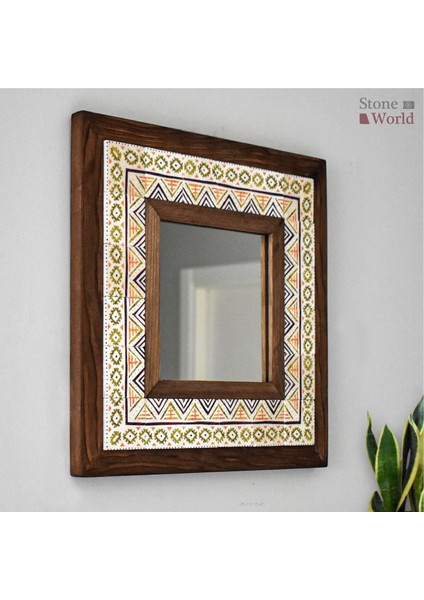 El Yapımı Masif Ahşap & Etkin Desenli Mermer Duvar Aynası – 34x34 cm | Model: 008.1 modelleri