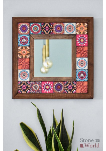 El Yapımı Masif Ahşap & Desenli Mermer Çerçeveli Duvar Aynası - 019.1 - 34x34 cm