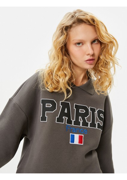 Gömlek Yaka Sweatshirt Paris Baskılı Işlemeli Uzun Kollu Pamuklu