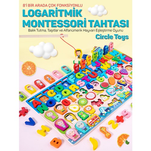 Circle Toys 8'i Bir Arada Çok Fonksiyonlu Logaritmik Montessori Tahtası - Balık Tutma ve Eşleştirme Macerası
