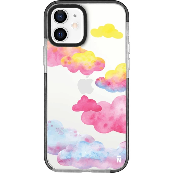 Casen iPhone 11 Özel Tasarım Renkli Bulut Tasarımı Siyah Kenarlı Sert Şeffaf Telefon Kılıfı