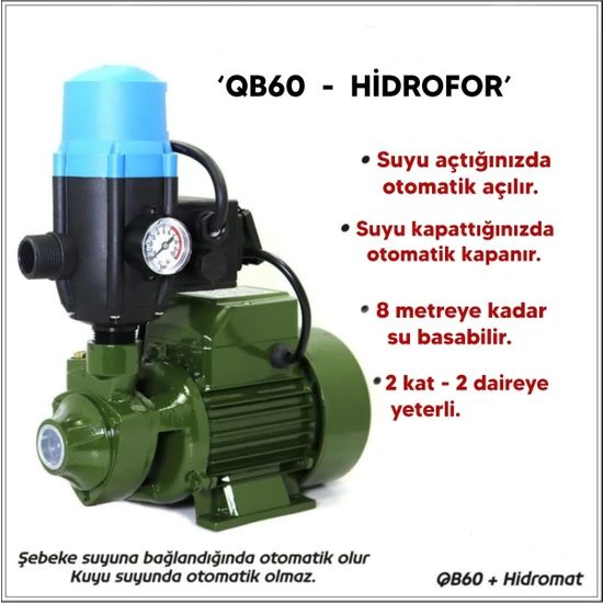 Uğur Paket Hidrofor Otomatik Su Pompası QB60 0.5 Hp(2 Kat 4 Daire)