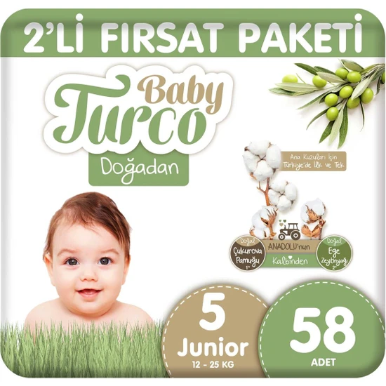 Baby Turco Doğadan 2'li Fırsat Paketi Bebek Bezi 5 Numara Junior 58 Adet
