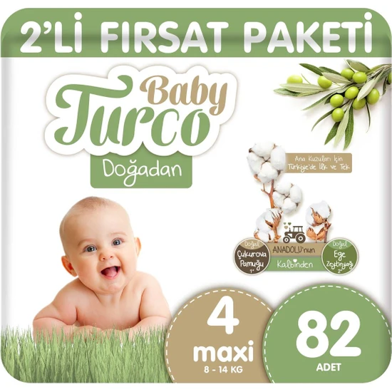 Baby Turco Doğadan 2'li Fırsat Paketi Bebek Bezi 4 Numara Maxi 82 Adet