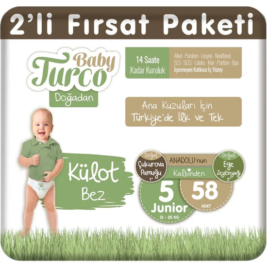 Baby Turco Doğadan 2'li Fırsat Paketi Külot Bez 5 Numara Junior 58 Adet