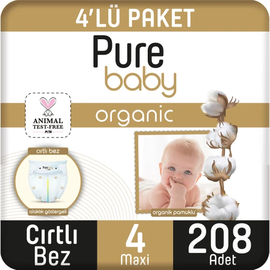 Pure Baby Organik Pamuklu Cırtlı Bez 4'lü Paket 4 Numara Maxi 208 Adet